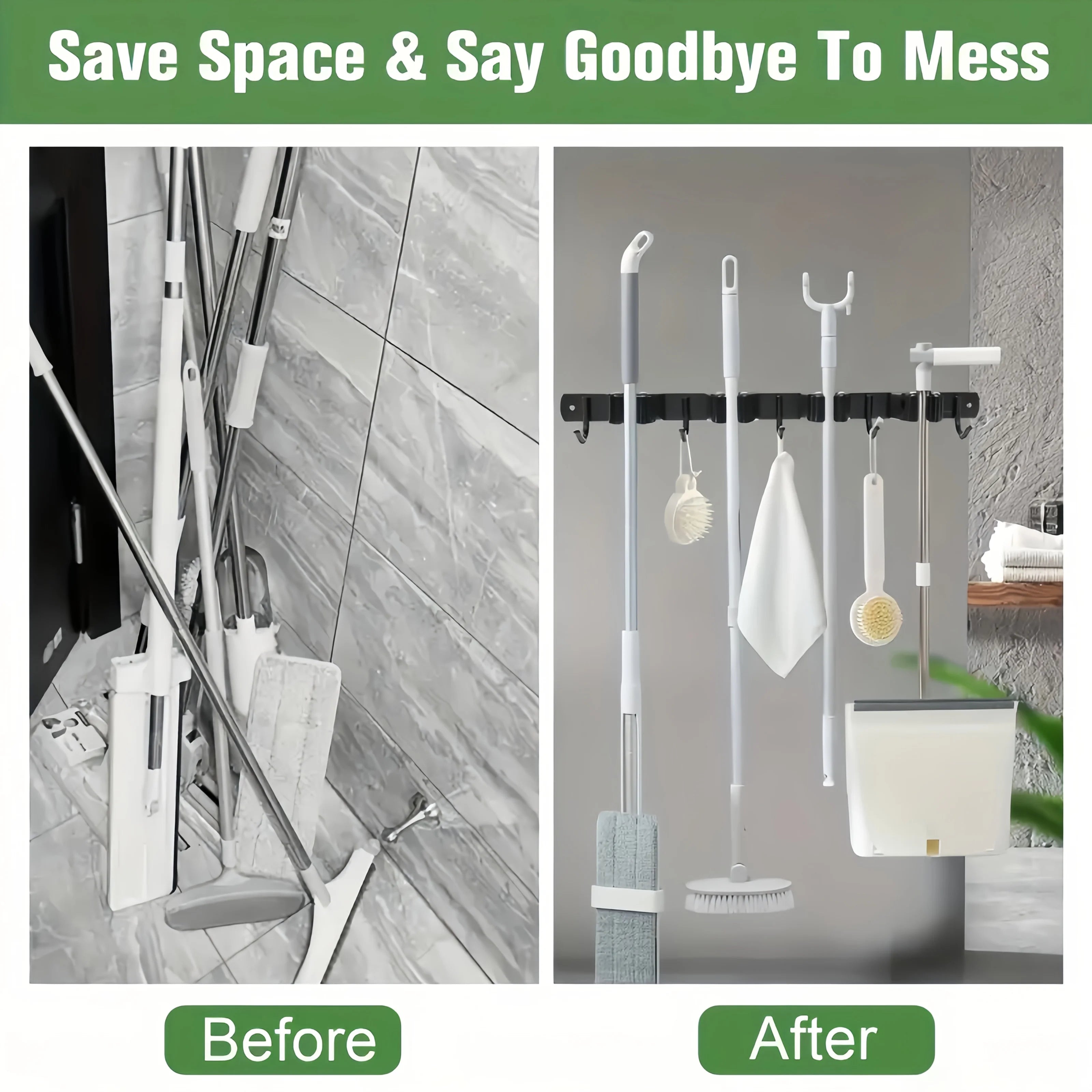 1 Heavy-Duty Metal Tool Rack with 4 Slots and 5 Hooks - Wall-Mounted Garden Tools, Broom, Mop and Garage Equipment, Tool Rack Storage, Black