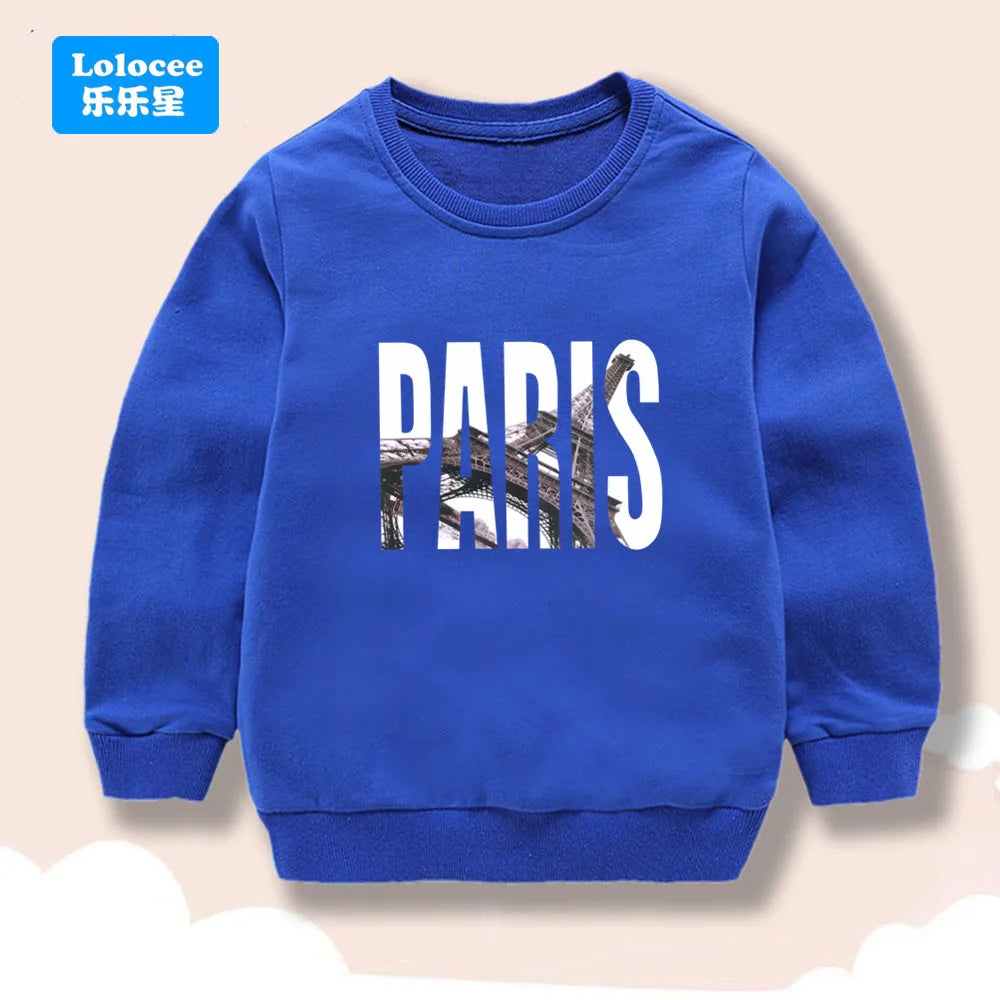 Kids Sweatshirt Paris Eiffel Tower Print Boys Casual Long Sleeve Pullover Top, High-Quality Children's Fashion Daily Wear BLTBZ1