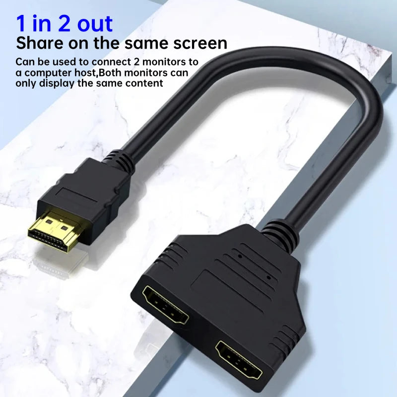 HDMI Splitter Adapter Cable 1 Male To Dual HDMI-compatible 2 Way Female Y Splitter Cable 1 in 2 Out for Laptop TV Monitor