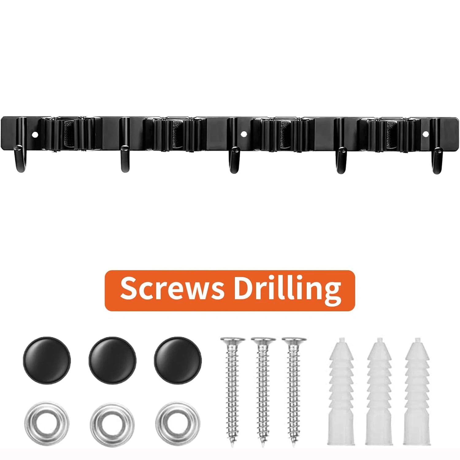 1 Heavy-Duty Metal Tool Rack with 4 Slots and 5 Hooks - Wall-Mounted Garden Tools, Broom, Mop and Garage Equipment, Tool Rack Storage, Black