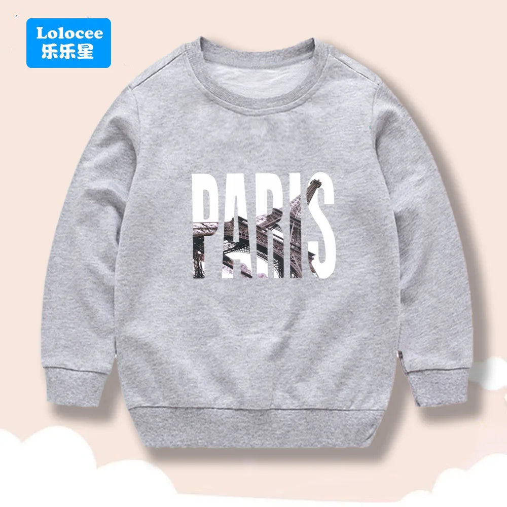 Kids Sweatshirt Paris Eiffel Tower Print Boys Casual Long Sleeve Pullover Top, High-Quality Children's Fashion Daily Wear BLTBZ1