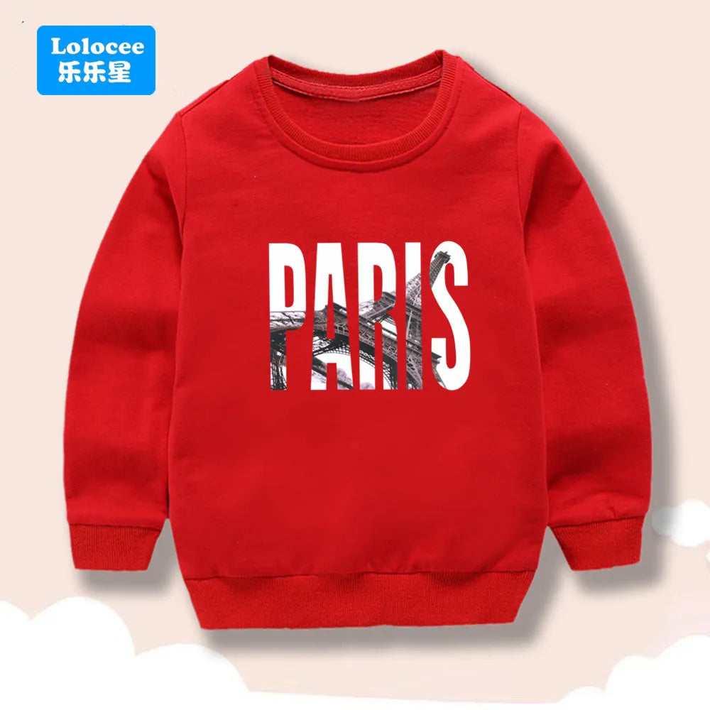 Kids Sweatshirt Paris Eiffel Tower Print Boys Casual Long Sleeve Pullover Top, High-Quality Children's Fashion Daily Wear BLTBZ1