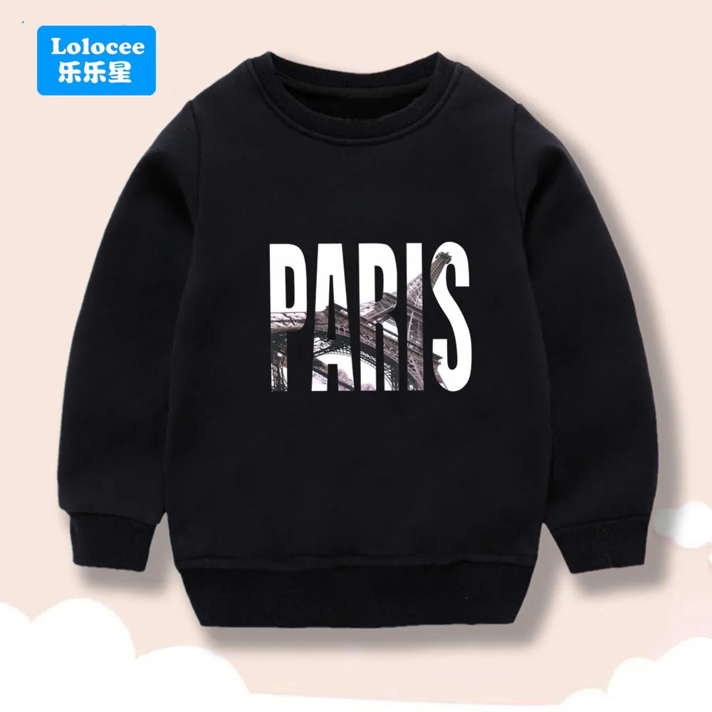 Kids Sweatshirt Paris Eiffel Tower Print Boys Casual Long Sleeve Pullover Top, High-Quality Children's Fashion Daily Wear BLTBZ1