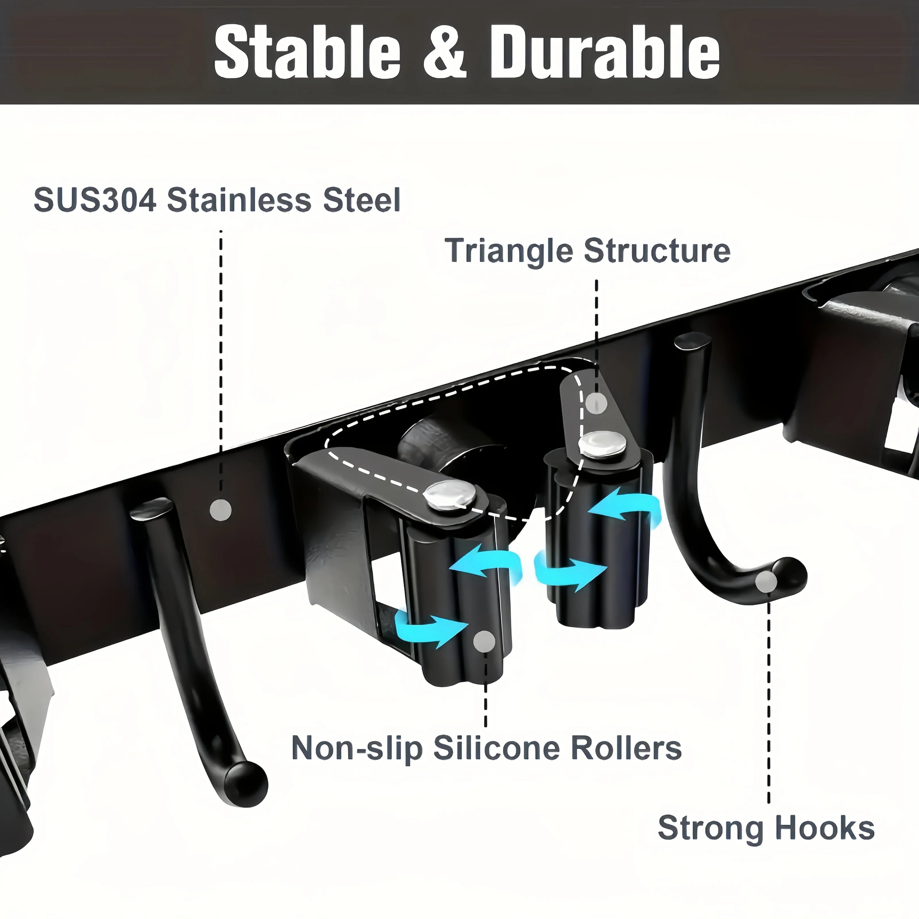 1 Heavy-Duty Metal Tool Rack with 4 Slots and 5 Hooks - Wall-Mounted Garden Tools, Broom, Mop and Garage Equipment, Tool Rack Storage, Black